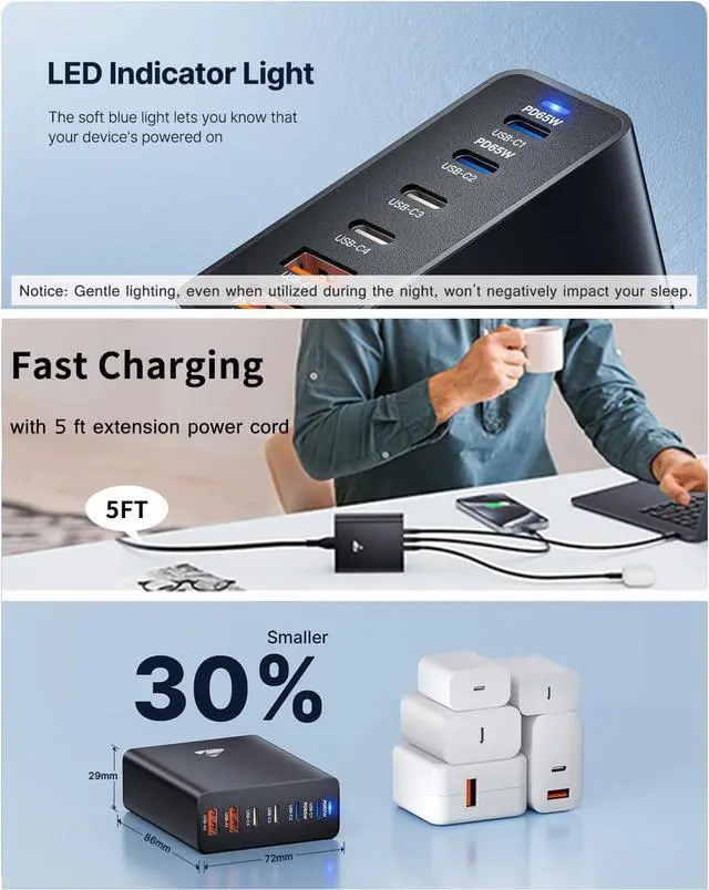 Alt view image 4 of 6 - USB C Charger Block, 165W GaN 6 Port USB C Fast Charging Station Hub Block Wall Charger Power Strip Adapter Plug Cube for iPad iPhone 16 15 14 13 12 11 Pro Max Pixel Note Galaxy MacBook Air