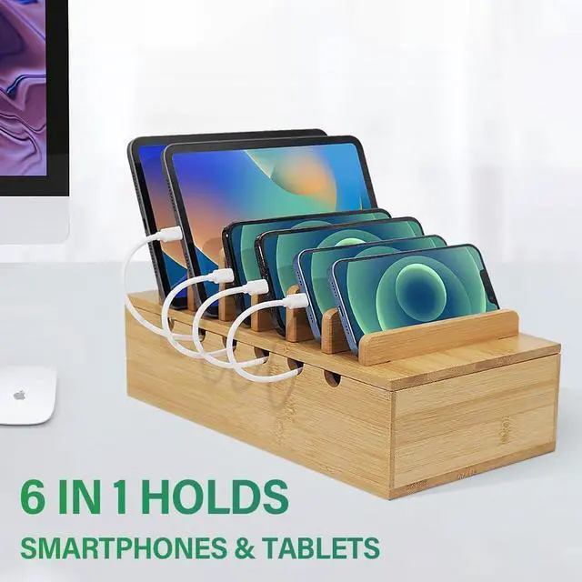 Alt view image 2 of 7 - Bamboo Charging Station for Multiple Devices, Upgrade Desk Docking Stations Organizer for Apple Devices, Wood Charging Cell Phone Holder Stand (Includes 6 Cables) (NO Power Supply)