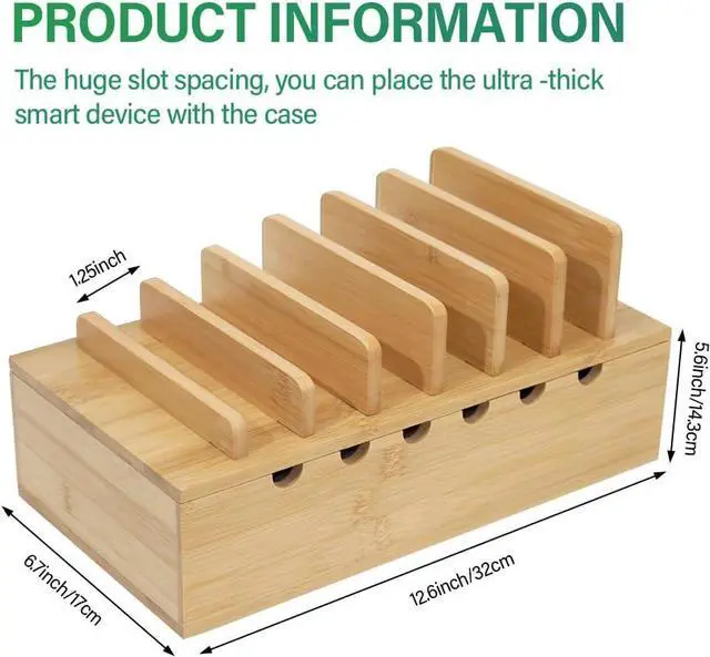 Alt view image 3 of 7 - Bamboo Charging Station for Multiple Devices, Upgrade Desk Docking Stations Organizer for Apple Devices, Wood Charging Cell Phone Holder Stand (Includes 6 Cables) (NO Power Supply)