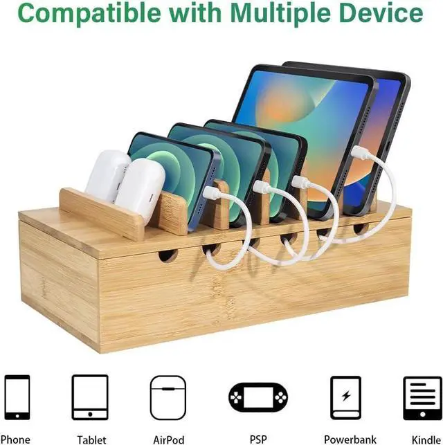 Alt view image 4 of 7 - Bamboo Charging Station for Multiple Devices, Upgrade Desk Docking Stations Organizer for Apple Devices, Wood Charging Cell Phone Holder Stand (Includes 6 Cables) (NO Power Supply)