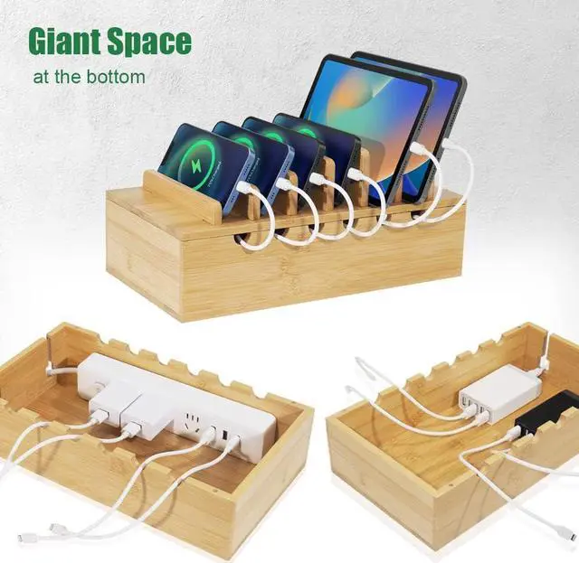 Alt view image 5 of 7 - Bamboo Charging Station for Multiple Devices, Upgrade Desk Docking Stations Organizer for Apple Devices, Wood Charging Cell Phone Holder Stand (Includes 6 Cables) (NO Power Supply)
