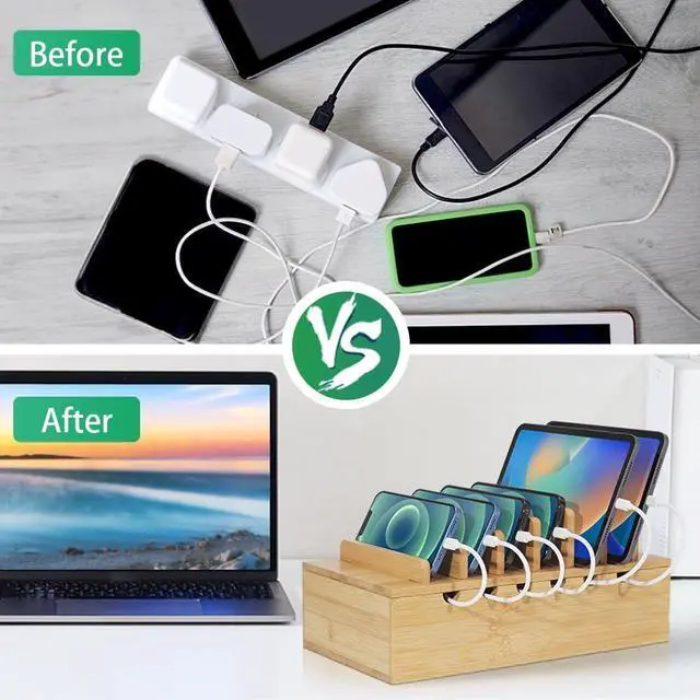 Alt view image 6 of 7 - Bamboo Charging Station for Multiple Devices, Upgrade Desk Docking Stations Organizer for Apple Devices, Wood Charging Cell Phone Holder Stand (Includes 6 Cables) (NO Power Supply)