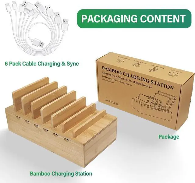 Alt view image 7 of 7 - Bamboo Charging Station for Multiple Devices, Upgrade Desk Docking Stations Organizer for Apple Devices, Wood Charging Cell Phone Holder Stand (Includes 6 Cables) (NO Power Supply)