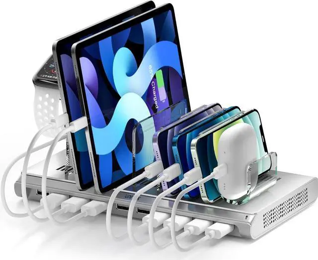 Main image of Unitek Multi iPad Charging Station - 10 Port USB Charging Station for Multiple Devices, Fast Charging Dock Cell Phone Organizer for iPhone, iPad, Android, Tablets - Silver