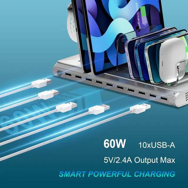Alt view image 2 of 7 - Unitek Multi iPad Charging Station - 10 Port USB Charging Station for Multiple Devices, Fast Charging Dock Cell Phone Organizer for iPhone, iPad, Android, Tablets - Silver
