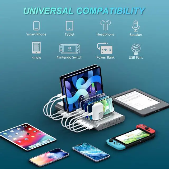 Alt view image 4 of 7 - Unitek Multi iPad Charging Station - 10 Port USB Charging Station for Multiple Devices, Fast Charging Dock Cell Phone Organizer for iPhone, iPad, Android, Tablets - Silver