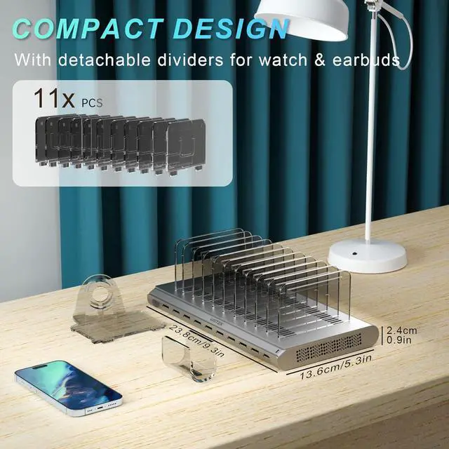 Alt view image 5 of 7 - Unitek Multi iPad Charging Station - 10 Port USB Charging Station for Multiple Devices, Fast Charging Dock Cell Phone Organizer for iPhone, iPad, Android, Tablets - Silver