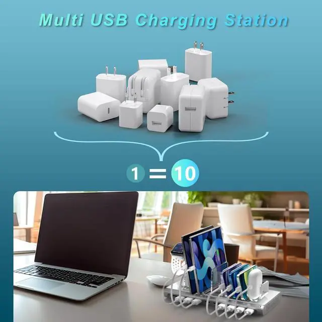 Alt view image 6 of 7 - Unitek Multi iPad Charging Station - 10 Port USB Charging Station for Multiple Devices, Fast Charging Dock Cell Phone Organizer for iPhone, iPad, Android, Tablets - Silver