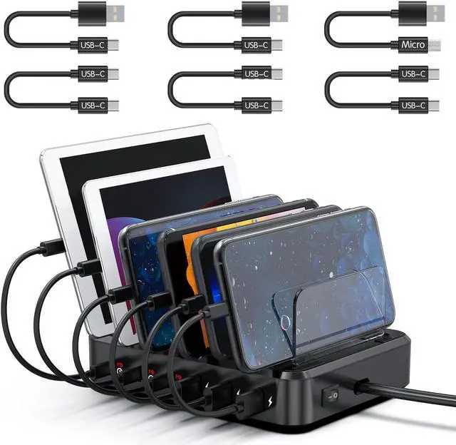 Main image of COSOOS Fast PD USB-C Charging Station, 81W 6-Port USB Charging Station for iPhone 15 Pro Max, 15, Android Devices with 3 PD 20W USB-C Charger & 6 Short Cables, Multi Type C Charger Station