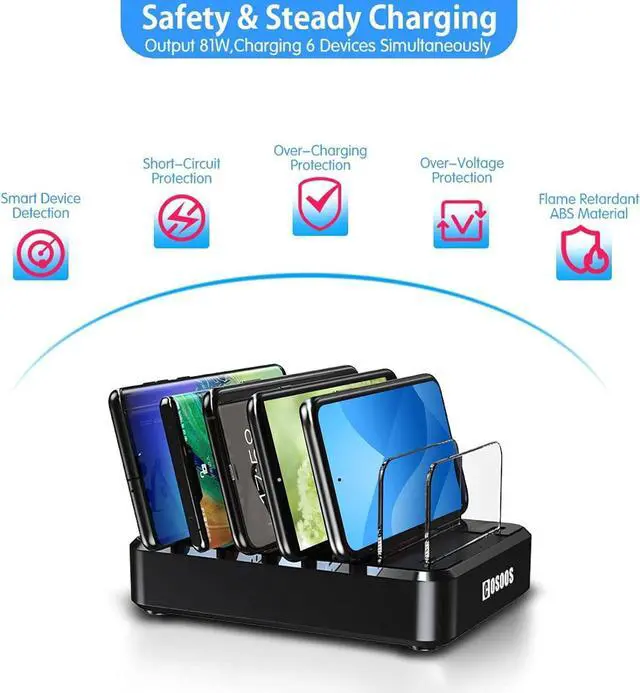 Alt view image 5 of 7 - COSOOS Fast PD USB-C Charging Station, 81W 6-Port USB Charging Station for iPhone 15 Pro Max, 15, Android Devices with 3 PD 20W USB-C Charger & 6 Short Cables, Multi Type C Charger Station