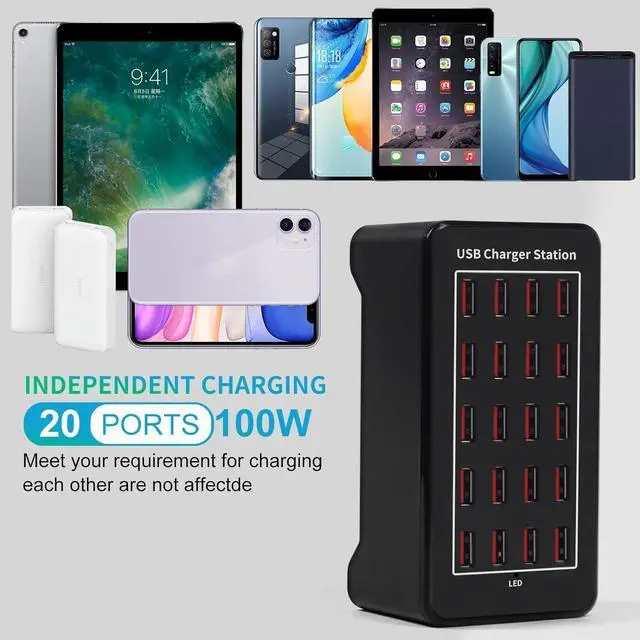 Alt view image 5 of 6 - 20-Port 100 W(20 A) Multiple USB Charger StationRISWOJOR Multiport USB Charging Station with Intelligent Detection, Compatible with Smartphones, Tablets, and More Devices