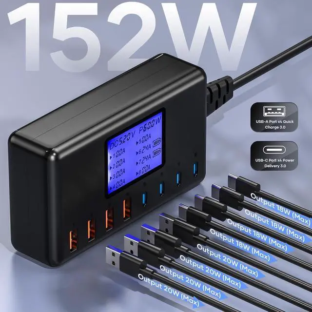 Alt view image 2 of 7 - 152W USB Charging Station, 8-Port Desktop USB C Charger Station, 20W 4xUSB-C Charger & 18W 4xUSB-A Multiple USB Charging Hub Compatible with iPhone 15/14/13 Pro/Max, iPad, Samsung Galaxy Note S23