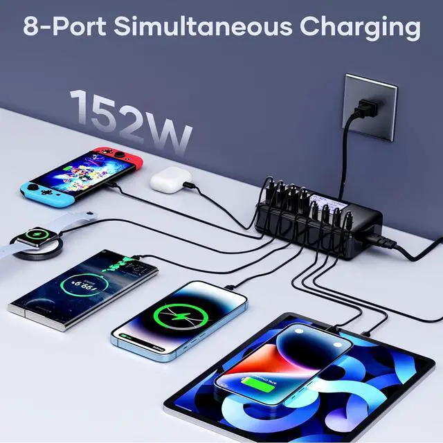 Alt view image 3 of 7 - 152W USB Charging Station, 8-Port Desktop USB C Charger Station, 20W 4xUSB-C Charger & 18W 4xUSB-A Multiple USB Charging Hub Compatible with iPhone 15/14/13 Pro/Max, iPad, Samsung Galaxy Note S23
