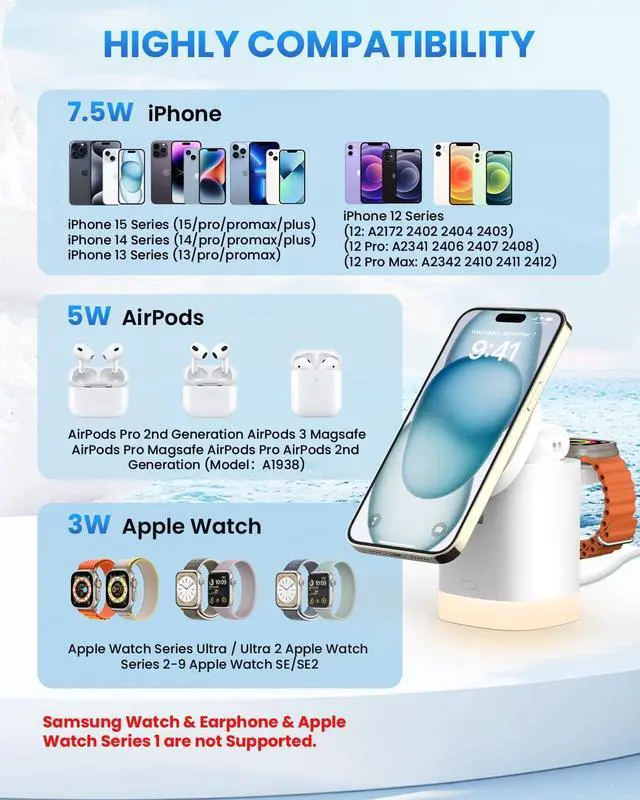 Alt view image 7 of 7 - Wireless Charging Station for iPhone Mag-Safe: 3-in-1 Foldable Charger Phone Stand Charger for iPhone 16/15/14/13/12 Pro/Max/Plus - for AirPods - for  Watch 2-10/Ultra