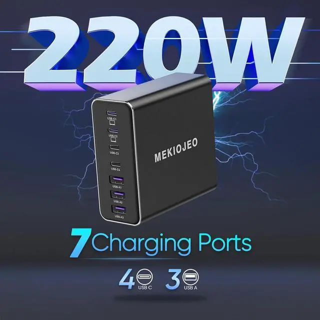 Alt view image 2 of 5 - Aluminum Alloy USB C Charger GaN Charger Fast USB C Charging Station 7 Ports 65W Laptop Charger for MacBook Pro/Air/iPad Pro/iPhone (Black)