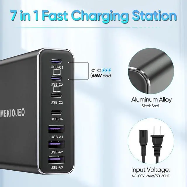 Alt view image 3 of 5 - Aluminum Alloy USB C Charger GaN Charger Fast USB C Charging Station 7 Ports 65W Laptop Charger for MacBook Pro/Air/iPad Pro/iPhone (Black)