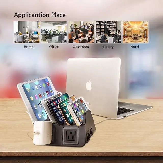 Alt view image 7 of 7 - 5 USB Ports Charging Station Organizer for Multiple Devices Fast Charging Desktop Stand for Apple Android Phone Tablet 1600W 2 AC Power Outlets Charger Dock for Home Office 3 Prong Cord Black