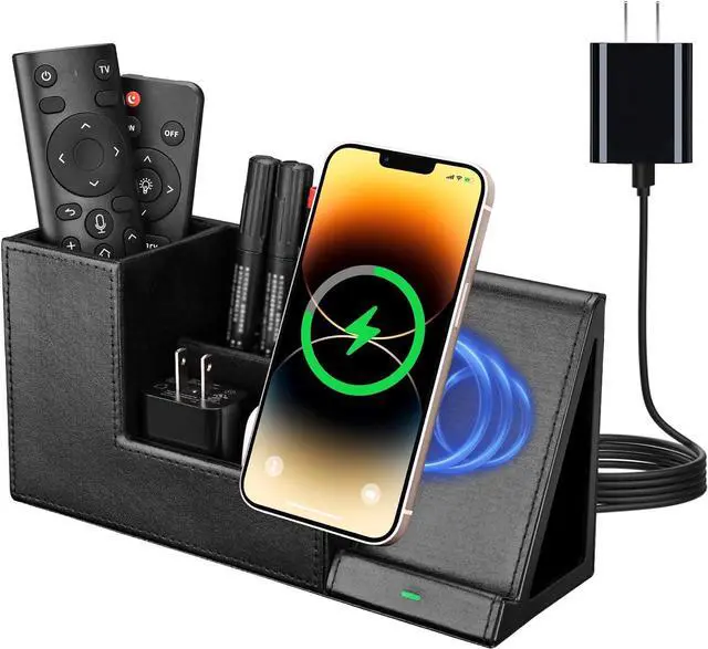Main image of Wireless Charger with Desk Organizer, Fast Charging Station for iPhone 15 14 13 12 11 Pro Max/Samsung Galaxy S23/S22/S21/S20/Z Flip/Fold 5, Desk Phone Charger Stand Office Desktop Organizer Leather