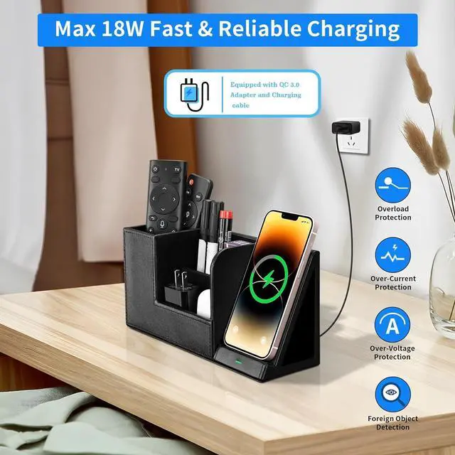 Alt view image 3 of 7 - Wireless Charger with Desk Organizer, Fast Charging Station for iPhone 15 14 13 12 11 Pro Max/Samsung Galaxy S23/S22/S21/S20/Z Flip/Fold 5, Desk Phone Charger Stand Office Desktop Organizer Leather