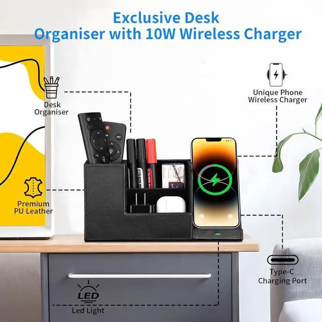 Alt view image 2 of 7 - Wireless Charger with Desk Organizer, Fast Charging Station for iPhone 15 14 13 12 11 Pro Max/Samsung Galaxy S23/S22/S21/S20/Z Flip/Fold 5, Desk Phone Charger Stand Office Desktop Organizer Leather