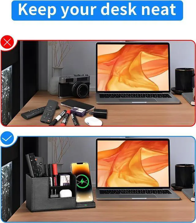 Alt view image 5 of 7 - Wireless Charger with Desk Organizer, Fast Charging Station for iPhone 15 14 13 12 11 Pro Max/Samsung Galaxy S23/S22/S21/S20/Z Flip/Fold 5, Desk Phone Charger Stand Office Desktop Organizer Leather