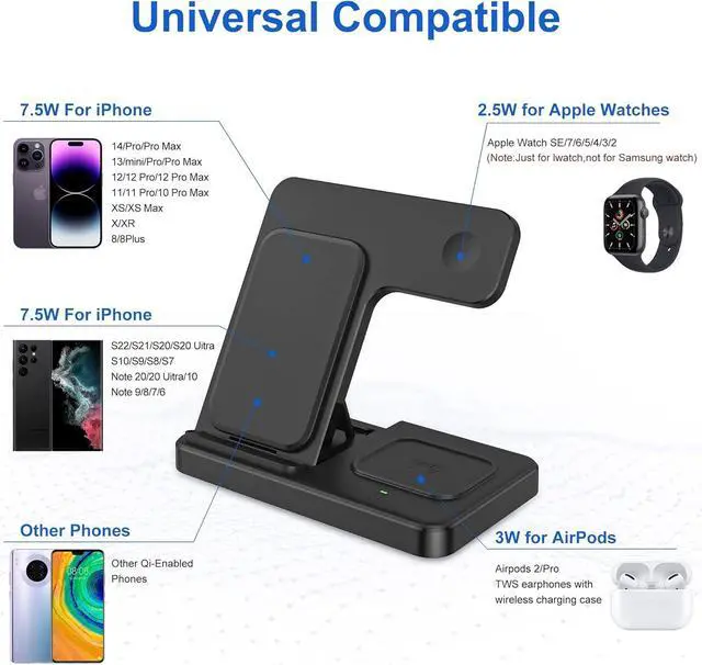 Alt view image 2 of 7 - 3 in 1 Wireless Foldable Charging Station,Folding Fast Charger Dock Stand for Apple iPhone 14/13/12/11/Pro/Max/XS/XR/X/Plus/Apple Watch 7/6/5/4/3/2/SE, AirPods 3/2(with Adapter)