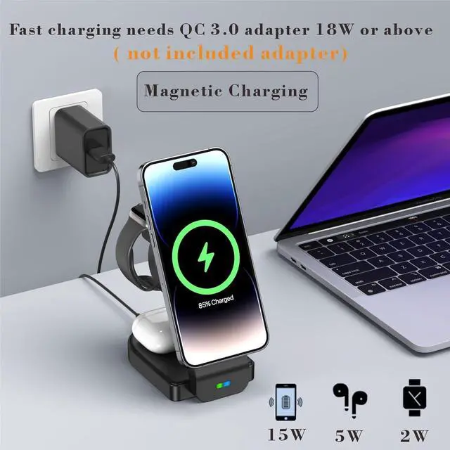 Alt view image 3 of 6 - 3 in 1 Wireless Charging Station for Apple MagSafe Charger Multiple Devices,Magnetic Foldable 15W Fast Wireless Charger Stand for iPhone 15/14/13/12/Pro Max/Pro iWatch Ultra/9/8/7/6/5/4/3/2 AirPods