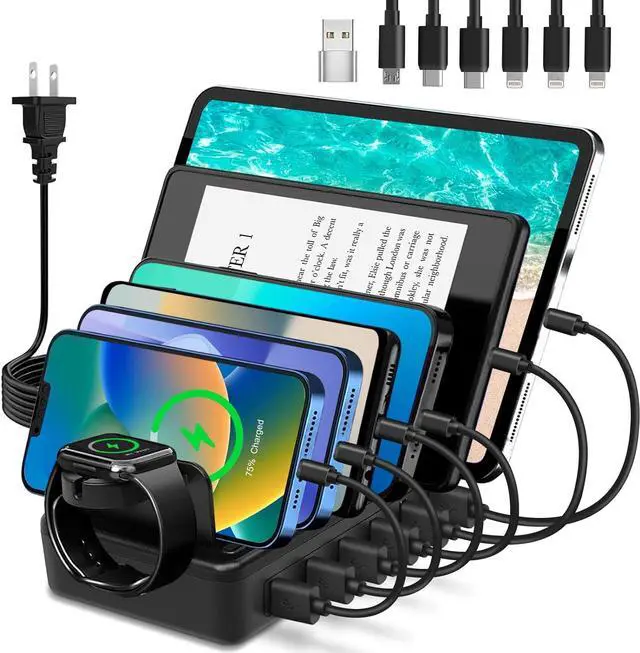 Main image of Charging Station for Multiple Devices, 50W 6-Ports USB Charging Station with10-Slot, Detachable Dividers, Watch Holder, Compatible with Phone/iPad/Kindle/Tablet (6 Cables Included), Black