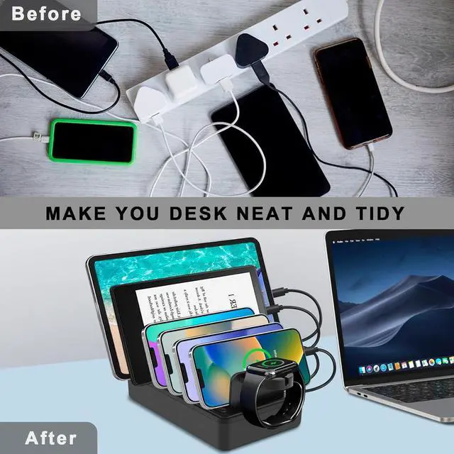 Alt view image 2 of 7 - Charging Station for Multiple Devices, 50W 6-Ports USB Charging Station with10-Slot, Detachable Dividers, Watch Holder, Compatible with Phone/iPad/Kindle/Tablet (6 Cables Included), Black