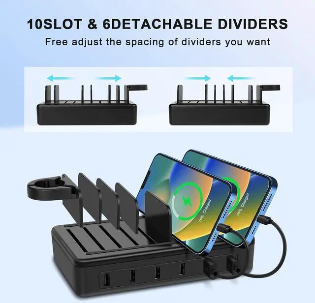 Alt view image 3 of 7 - Charging Station for Multiple Devices, 50W 6-Ports USB Charging Station with10-Slot, Detachable Dividers, Watch Holder, Compatible with Phone/iPad/Kindle/Tablet (6 Cables Included), Black
