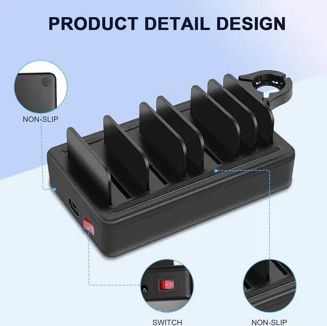 Alt view image 4 of 7 - Charging Station for Multiple Devices, 50W 6-Ports USB Charging Station with10-Slot, Detachable Dividers, Watch Holder, Compatible with Phone/iPad/Kindle/Tablet (6 Cables Included), Black