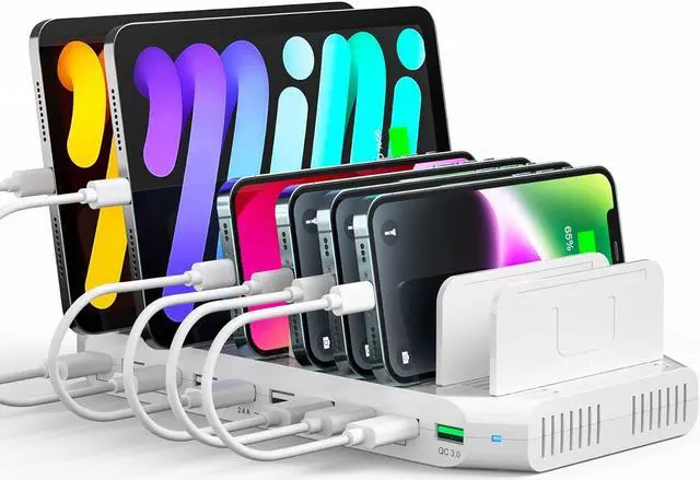 Main image of Alxum USB Fast Charging Station with Quick Charge 3.0, 60W 10 Port Charging Stand for Multiple Devices, Compatible with iPad, iPhone, Samsung Galaxy, White