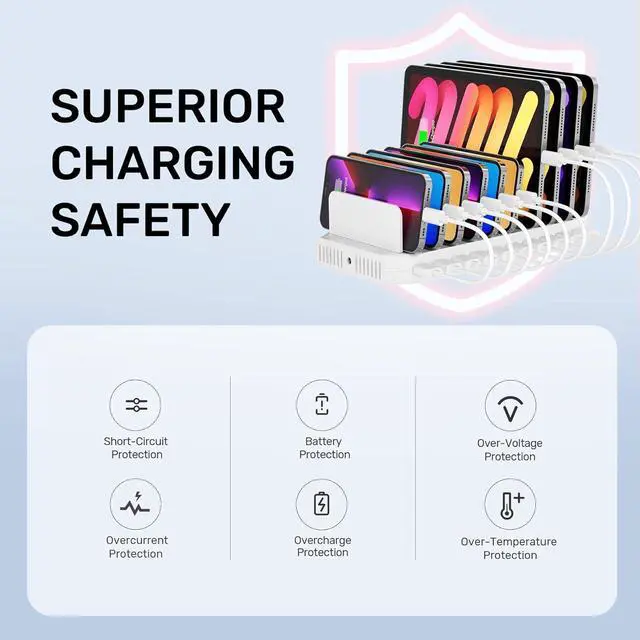 Alt view image 3 of 7 - Alxum USB Fast Charging Station with Quick Charge 3.0, 60W 10 Port Charging Stand for Multiple Devices, Compatible with iPad, iPhone, Samsung Galaxy, White