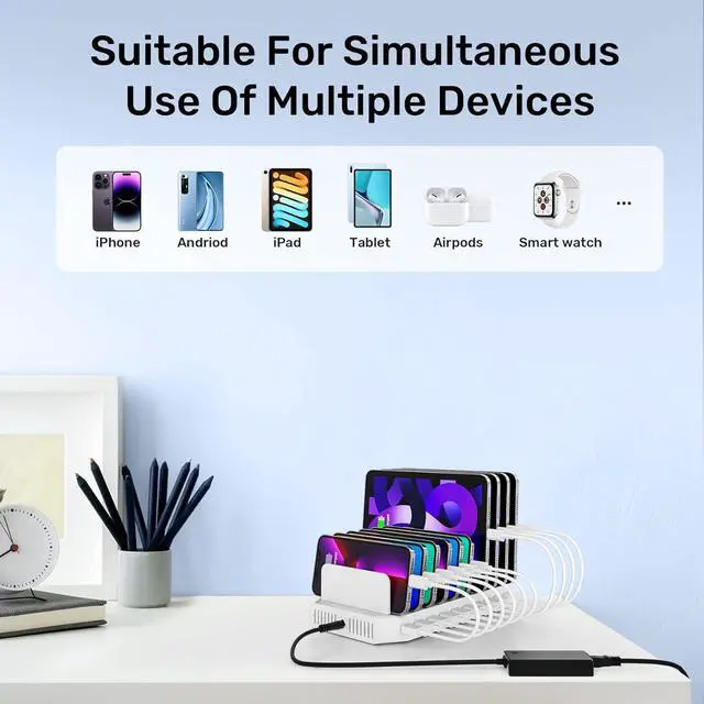 Alt view image 7 of 7 - Alxum USB Fast Charging Station with Quick Charge 3.0, 60W 10 Port Charging Stand for Multiple Devices, Compatible with iPad, iPhone, Samsung Galaxy, White