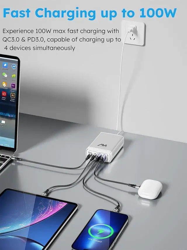 Alt view image 3 of 6 - Amlink 100W USB C Charging Station, 4-Port Desktop USB C Fast Charger, Portable 65W GaN Laptop Charger for MacBook Pro/Air/iPad Pro/iPhone/Samsung Galaxy Note