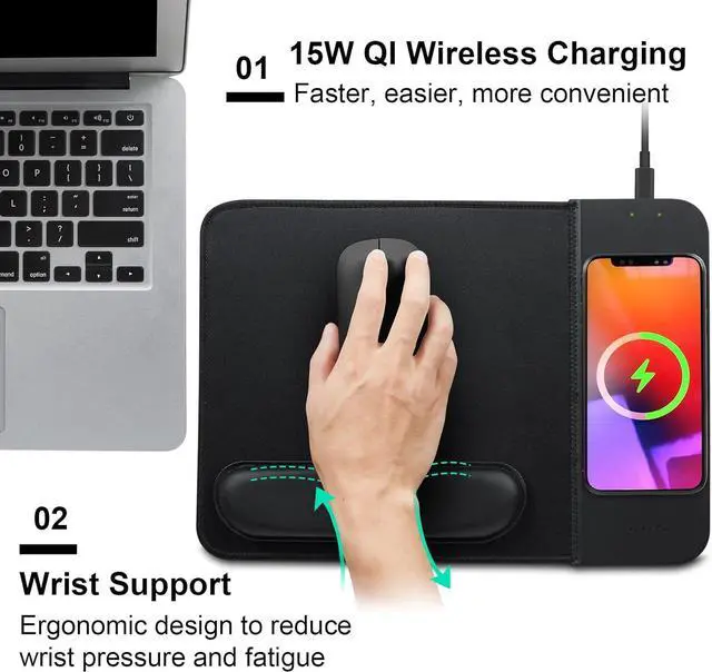 Alt view image 2 of 7 - 15W Wireless Charging Mouse Pad with Wrist Support, Fast Qi Wireless Charger Mouse Mat for iPhone 16/15/14/13/12/12 Pro/11/11Pro/XR/Xs/X, Samsung Galaxy S10/S9/S8 Plus Note 9/8 Multiple Devices