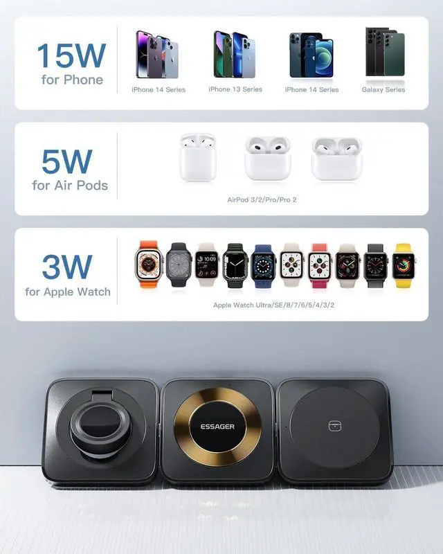 Alt view image 4 of 7 - 3 in 1 Wireless Charging Station Magnetic Detachable, Wireless Magnetic Charger for Apple, Compatible with iPhone 15/14/13/12, Airpods 3/2/Pro, iWatch(Black)