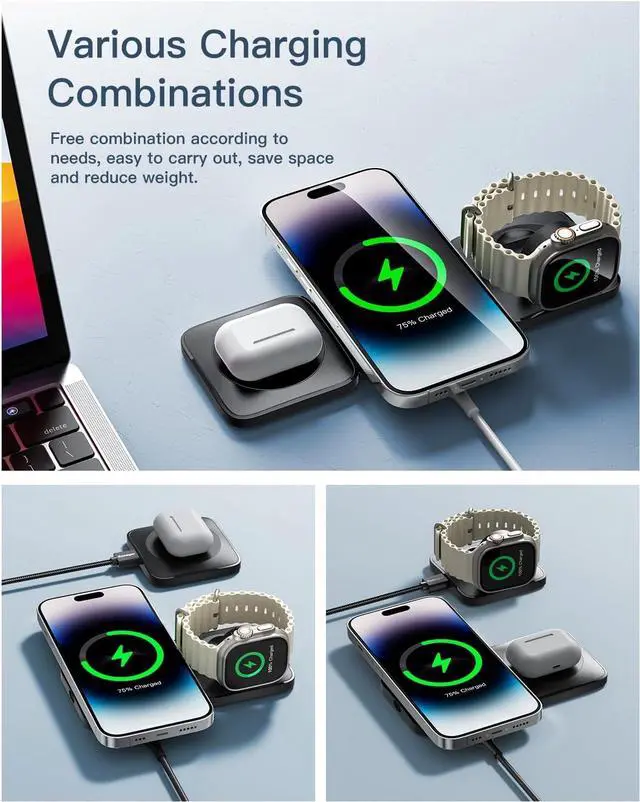 Alt view image 3 of 7 - 3 in 1 Wireless Charging Station Magnetic Detachable, Wireless Magnetic Charger for Apple, Compatible with iPhone 15/14/13/12, Airpods 3/2/Pro, iWatch(Black)