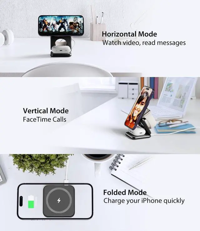 Alt view image 2 of 7 - Foldable Magnetic Charger, Aluminum Alloy 3 in 1 Charging Station for Apple, Fast Wireless Charger for iPhone 15 14 13 12 Pro/Max/Plus, AirPods 3/2/Pro, 5W for iWatch,with 20W Adapter-Black