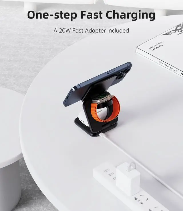 Alt view image 6 of 7 - Foldable Magnetic Charger, Aluminum Alloy 3 in 1 Charging Station for Apple, Fast Wireless Charger for iPhone 15 14 13 12 Pro/Max/Plus, AirPods 3/2/Pro, 5W for iWatch,with 20W Adapter-Black
