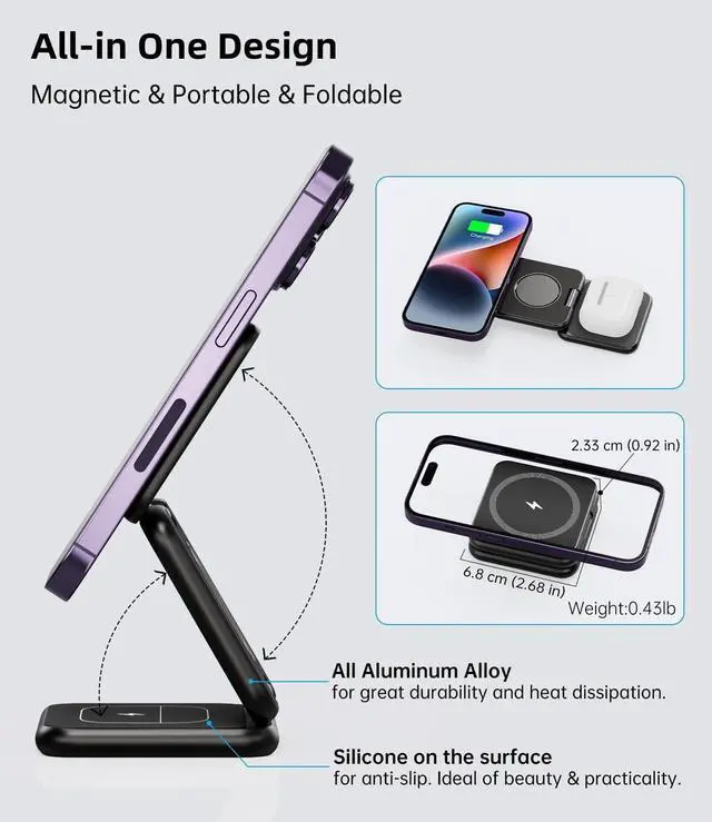 Alt view image 7 of 7 - Foldable Magnetic Charger, Aluminum Alloy 3 in 1 Charging Station for Apple, Fast Wireless Charger for iPhone 15 14 13 12 Pro/Max/Plus, AirPods 3/2/Pro, 5W for iWatch,with 20W Adapter-Black