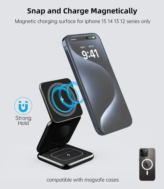 Alt view image 3 of 7 - Foldable Magnetic Charger, Aluminum Alloy 3 in 1 Charging Station for Apple, Fast Wireless Charger for iPhone 15 14 13 12 Pro/Max/Plus, AirPods 3/2/Pro, 5W for iWatch,with 20W Adapter-Black