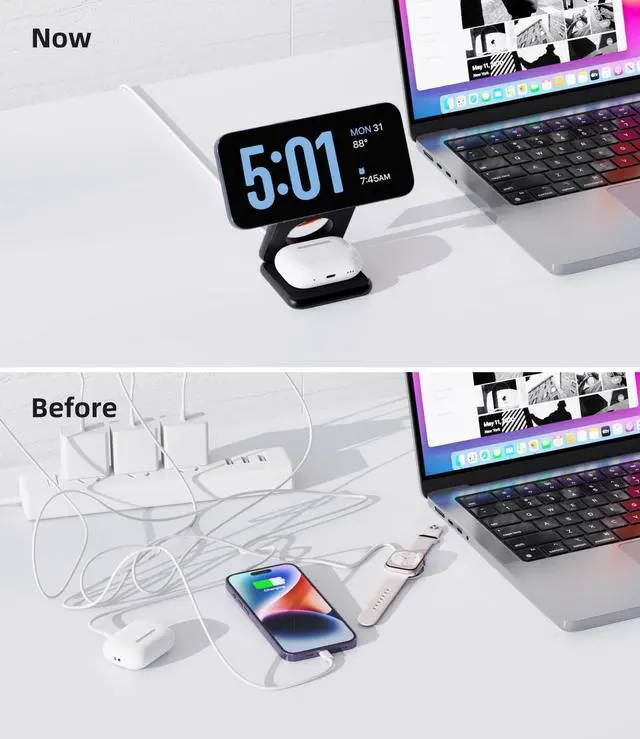 Alt view image 4 of 7 - Foldable Magnetic Charger, Aluminum Alloy 3 in 1 Charging Station for Apple, Fast Wireless Charger for iPhone 15 14 13 12 Pro/Max/Plus, AirPods 3/2/Pro, 5W for iWatch,with 20W Adapter-Black