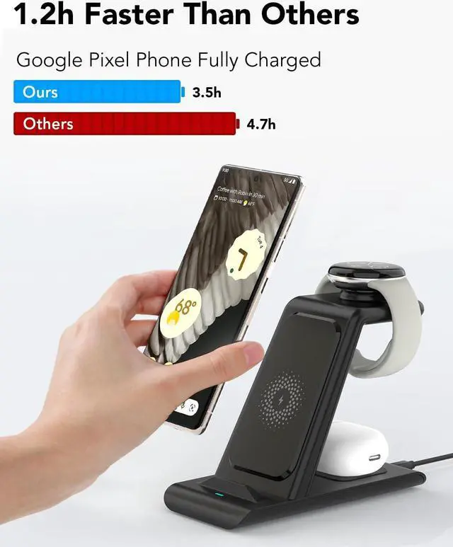 Alt view image 5 of 5 - HATALKIN Upgraded Pixel Watch 2 Charger,3 in 1 Pixel Charging Station for Google Pixel 8/7/6 (pro)/7a/5/4,Pixel Buds Pro,Wireless Charger Stand for Multiple Devices with Adapter(Not for Pixel watch 1)