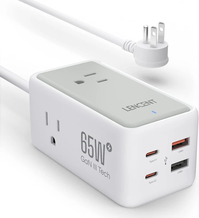 Main image of LENCENT USB C Charger GaN III 65W USB C Charging Station,Multi outlet extenderFast Charging USB & Type C, extension 5.0 ft cord3 AC Outlets+2 USB C(PD 65W Max) + 2 USBfor Home,Office,Travel(White)
