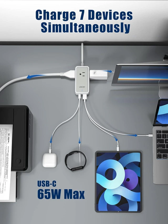 Alt view image 2 of 7 - LENCENT USB C Charger GaN III 65W USB C Charging Station,Multi outlet extenderFast Charging USB & Type C, extension 5.0 ft cord3 AC Outlets+2 USB C(PD 65W Max) + 2 USBfor Home,Office,Travel(White)