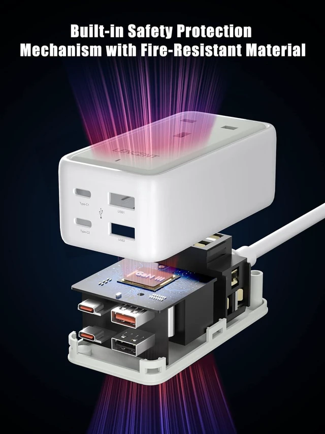 Alt view image 5 of 7 - LENCENT USB C Charger GaN III 65W USB C Charging Station,Multi outlet extenderFast Charging USB & Type C, extension 5.0 ft cord3 AC Outlets+2 USB C(PD 65W Max) + 2 USBfor Home,Office,Travel(White)
