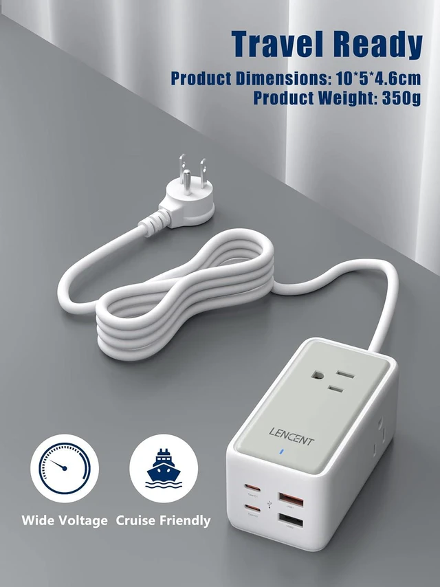 Alt view image 6 of 7 - LENCENT USB C Charger GaN III 65W USB C Charging Station,Multi outlet extenderFast Charging USB & Type C, extension 5.0 ft cord3 AC Outlets+2 USB C(PD 65W Max) + 2 USBfor Home,Office,Travel(White)