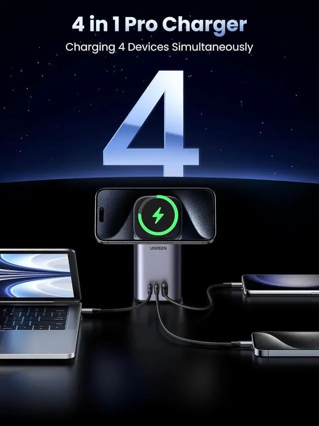 Alt view image 4 of 7 - UGREEN 100W Charging Station 4-Port, Qi2 Certified 15W Foldable Charger, MagSafe Wireless Charger Stand for iPhone 16/15/14/13/12, AirPods Pro, MacBook Pro, Galaxy S24 and More