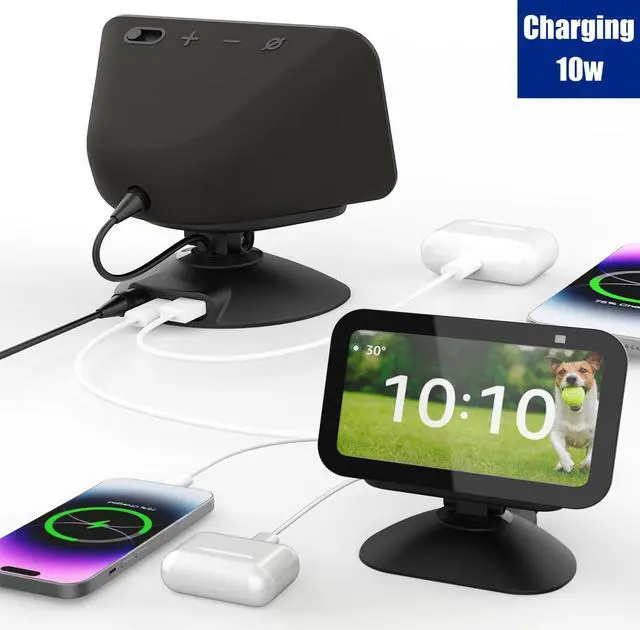 Alt view image 3 of 7 - Adjustable Stand for Echo Show 5 (3rd) with USB-C and USB Charging Port, Tilt + Swivel Charging Station with Strong Magnetic for Charge Your Cellphones and Earbuds (Black)